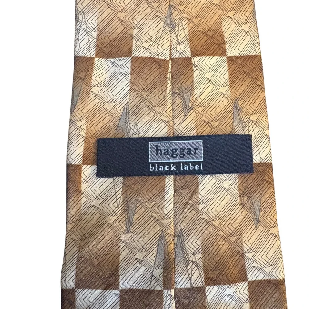 Haggar Black Label Silk Tie Geometric Brown Tan Checkerboard‎ Extra Long retro